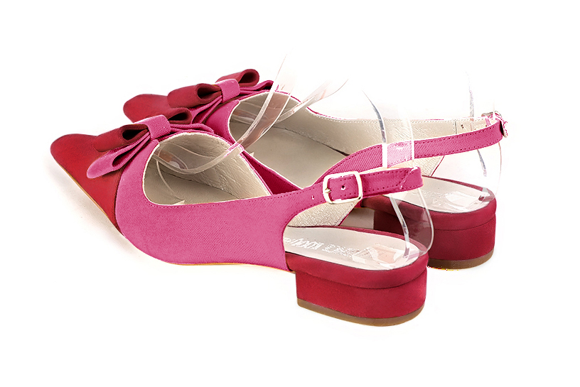 Women's cardinal red and hot pink elegant slingback heels, with a bow on the front. Tapered toe. Flat block heels - Rear view